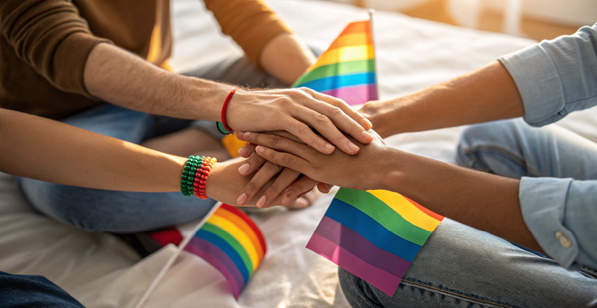 Hands joined together with small Pride flags