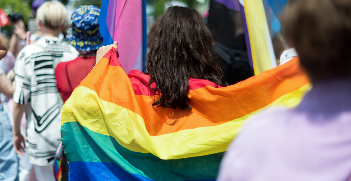 A person holding a rainbow Pride flag at a parade