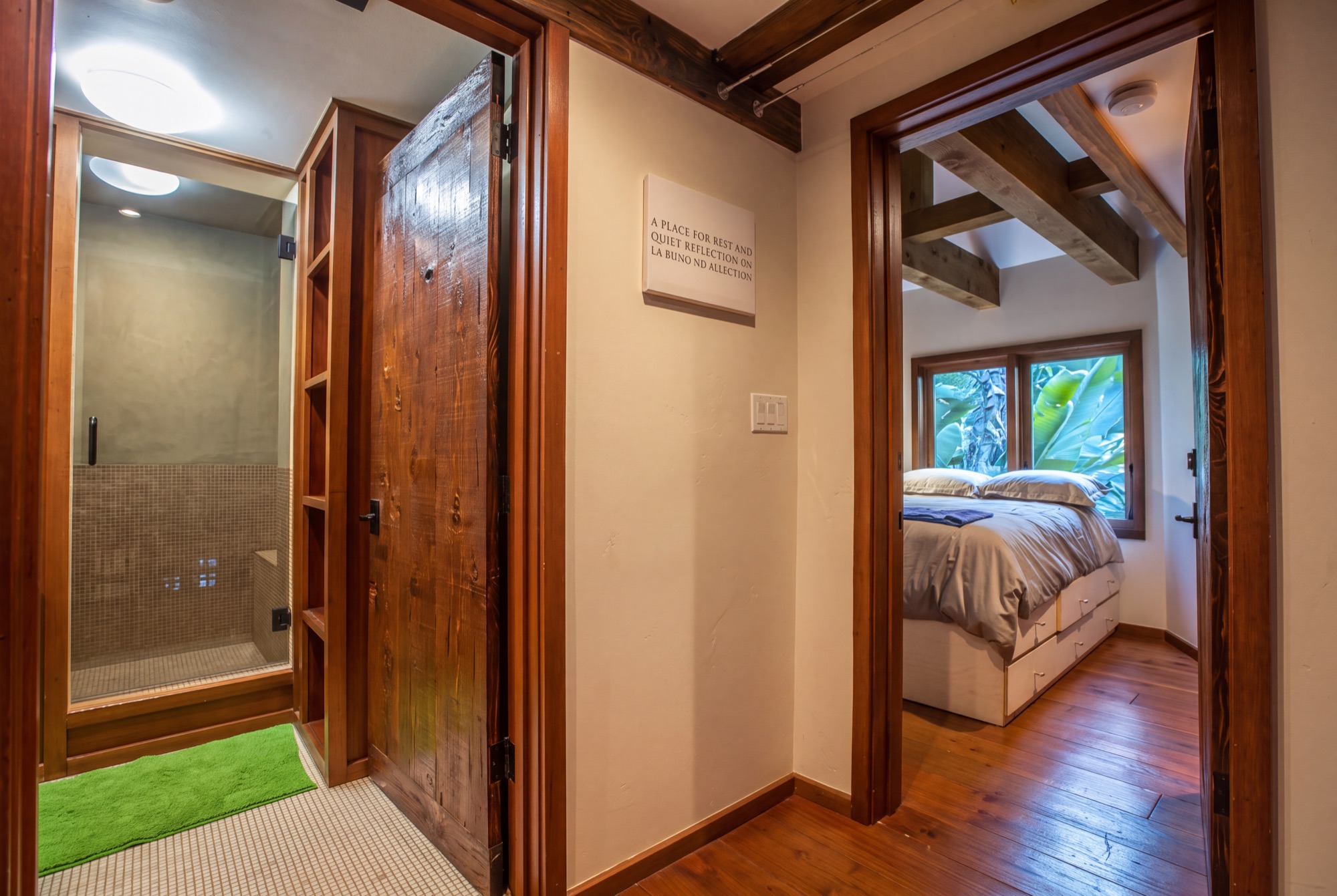Cozy hallway with a sign inviting rest and quiet reflection